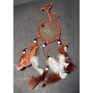 Dream Catcher With Brown Leather & Feathers Tribal Wall Hanging Decor Handmade